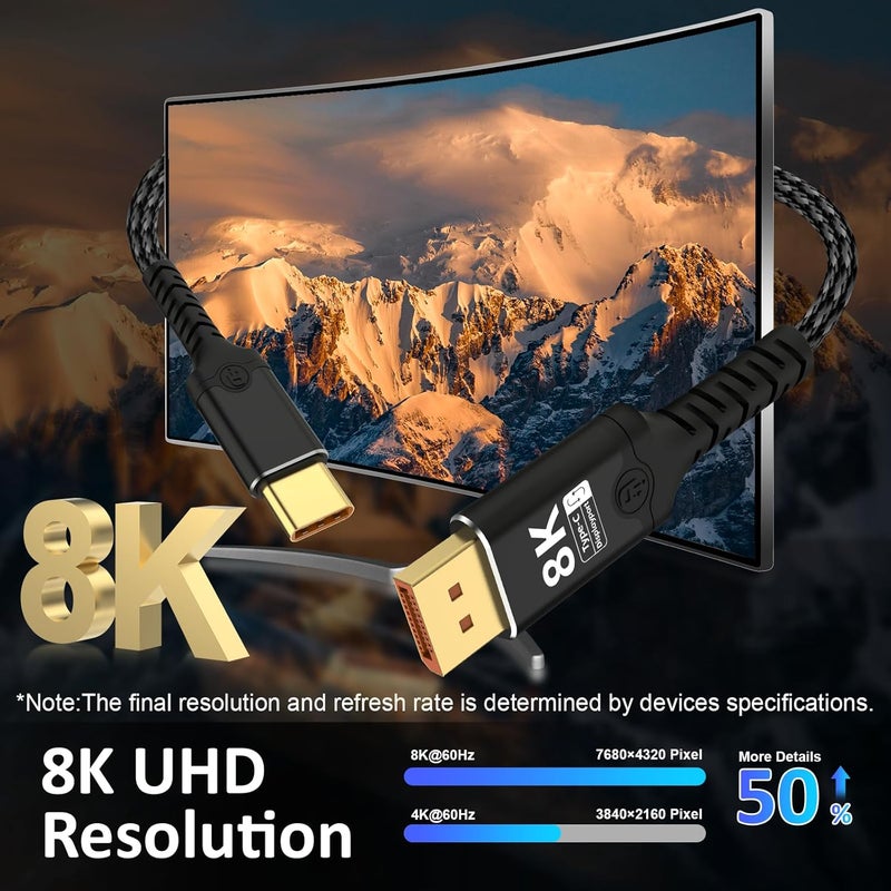 Herfair Displayport to USB C - Bidirectional USB C to DisplayPort 1.4 Cable Support 8K@60Hz Resolution Braided Thunderbolt 4 Compatible with MacBook Pro/Air, Galaxy S25, iPad Pro, XPS 17, 6.56FT - Image 4